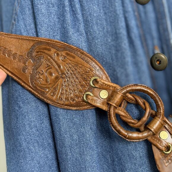 Vintage Mexico Embossed Leather Belt Wide Waist Double Ring Brown Boho Aztec main image 7